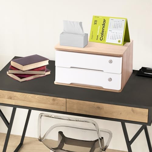 2-Tier Desktop Storage Box with Lockable Drawer, Wooden Desk Organizer for Office Supplies, Flat File Cabinet, Minimalist Design for Home & Office Use(Original Wood+White) - Image 4