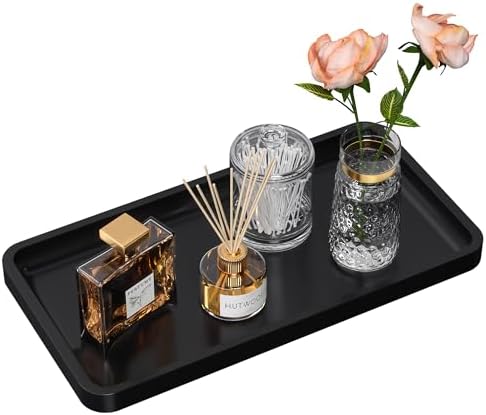 Bathroom Vanity Tray for Countertop - Bamboo Organizer Tray for Dresser Tops, Toilet, Perfume Small Decorative Tray Wood Tray for Home Decoration 11.81” L x 6.1” W x 0.79” H Black by Weenson