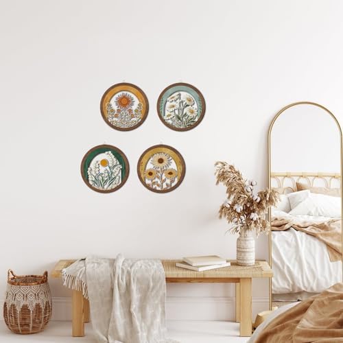 HPNIUB Vintage Flower Wall Decor, Farmhouse Sunflower Daisy Geometric Hanging Wooden Wall Art, 4 Pieces 10''x10'' Minimalist Boho Sun&Floral Wood Sign for Girls Bedroom Living Room Office - Image 5