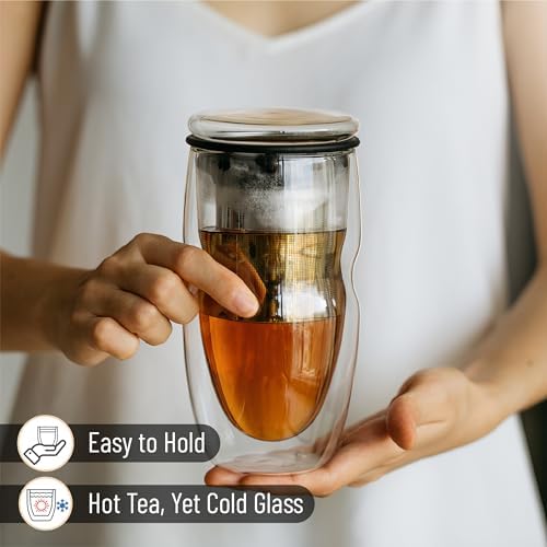 BTaT- Double Wall Glass Tea Cup With Stainless Steel Infuser and Lid, 16 oz, 2 Pack, Borosilicate Glass Tea Mug Infuser, Gifts for Tea Lovers - Image 5