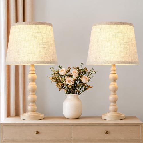 Farmhouse Table Lamps Set of 2, 21" Vintage Nightstand Desk Lamps with Linen Shades, Rustic Resin Bedside Lamps for Bedroom, Living Room, Office, Includes LED Bulbs with 3 light settings, Beige by Warmthinlighthomeinlamps