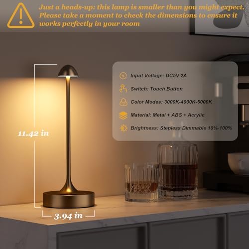 Kakanuo Rechargeable Cordless Table Lamp, Battery Operated Lamps, 3-Color Stepless Dimming, Portable Wireless Desk Lamp, LED Lighting for Dining Room, Restaurant, Office, Bar, Home(Brown 2 Pack) - Image 5