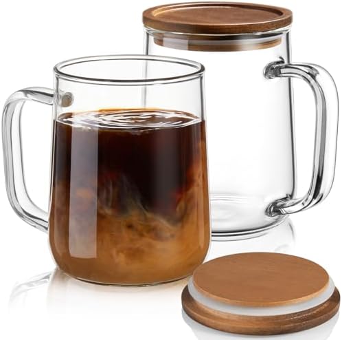 Large Glass Coffee Mugs, 20 oz Glass Coffee Cups with Acacia Wood Lids, Clear Borosilicate Glass Mugs with Handles for Cappuccino, Tea, Latte, Hot/Cold Beverages, Wine, Americano, Set of 2 by Unknown