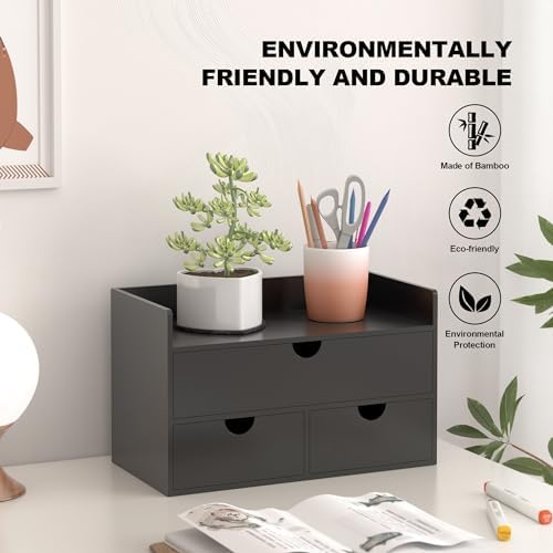 Bamboo Desk Organizer with Drawers Desktop Storage Drawers for Bills Office Supplies Kitchen Utensils Organizing Tool for Home Classroom Organization No Assembly (Black with Shelf) - Image 4