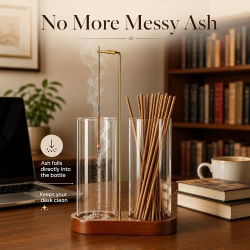 Incense Holder with 2 Tall Glass Bottle,Wooden Base Incense Stick Holder for Desktop,Incense Burner for Ash Collection,Ash Container for Meditation, Yoga, Spa, Home Decor - Image 2