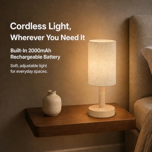 Small Rechargeable Cordless Table Lamp, Nightstand to Desk, Light Oak - Image 2