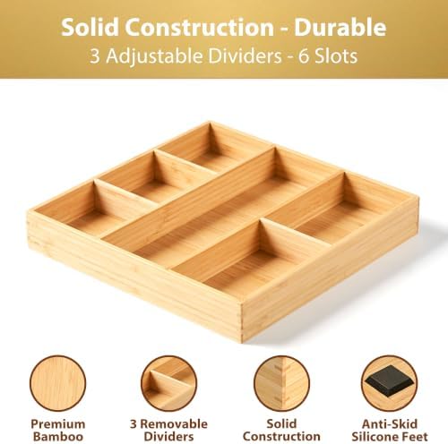 Umilife Bamboo Desk Drawer Organizer, Wood Office Junk Tray, 12"x12" - Image 5