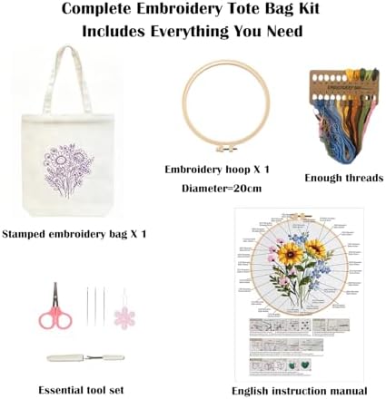 Vigdit Canvas Tote Bag Embroidery Kit for Beginners, Needlepoint Cross Stitch Kit for Adult Beginner, DIY Reusable Grocery Bags Embroidery Starter Kit with Stamped Floral Tools & Instructions - Image 2