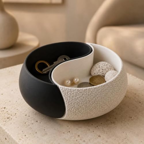 Yin-Yang Catch-All Tray - Black & White Ceramic Organizer | Zen Desk Decor - Image 3