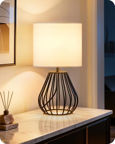 Small Table Lamp for Bedroom, Modern Bedside Lamp with White Linen Lampshade & Black Metal Base, 2700K LED Bulb Included, Decorative Nightstand Lamp for Living Room, Entryway, W06TL05 by GOEBLESON