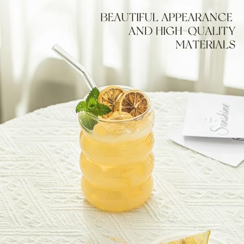 KEMORELA 18oz Wave Shape Beverage Glasses With Straws,Vintage Glass Cups Wine Mugs Set, Ripple Drinking Glasses,for Juice Beer Wine Champagne Cocktail Home Kitchen Bar Mixed Drinks (4PCS) - Image 4