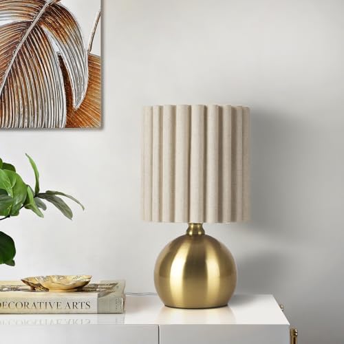 Ziqqeelam Gold Small Table Lamp with Scalloped Linen Shade, Mini Brass Gold Table Lamp for Bedroom Nightstand, Cute Desk Night Light for Living Room, Bookshelf, Kitchen Counter, Kids Room, Office by Unknown