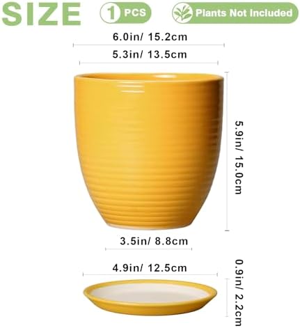 Ceramic Pots for Plants - 6 Inch Plant Pot for Indoor Plants, Ceramic Planter with Drainage Hole and Saucer, Round Decorative Flower Pots, Desk Home Decor, Plant Lover Gifts, Glossy-Yellow - Image 2