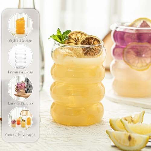 KEMORELA 18oz Wave Shape Beverage Glasses With Straws,Vintage Glass Cups Wine Mugs Set, Ripple Drinking Glasses,for Juice Beer Wine Champagne Cocktail Home Kitchen Bar Mixed Drinks (4PCS) - Image 5