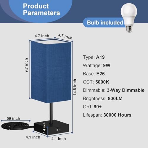 Bedside Table Lamp for Bedroom with 2USB Ports, 14-Inch, NavyBlue - Image 5