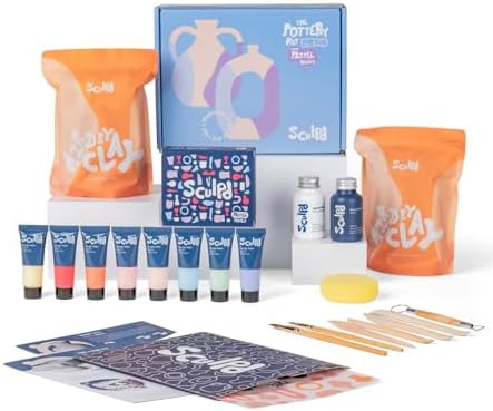 Sculpd Pottery Kit, Air Dry Clay Starter Kit for Beginners with Paint Set, Starter Bundles Includes a Pottery Tool Set, 8 Paints, Waterproof Varnish, Paintbrushes & Step-by-Step Guide for Adults by Sculpd