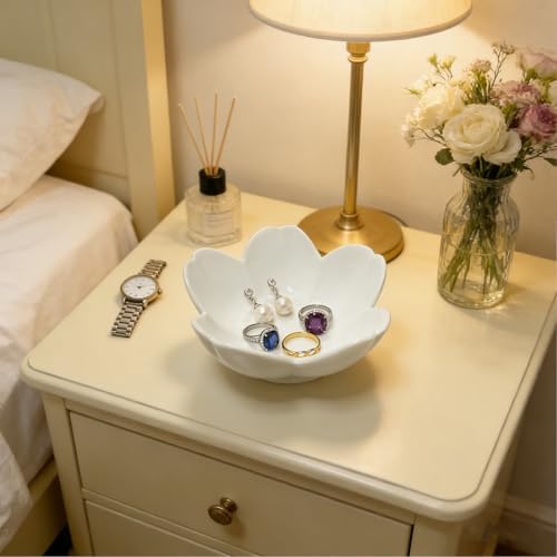 Ceramic Jewelry Dish, White Small Jewelry Bowl, Flower Ring Dsih Decorative Jewlery Tray, Cute Trinket Tray Jewelry Holder for Bathroom Nightstand, Friendship Birthday Gifts for Women Mom - Image 6