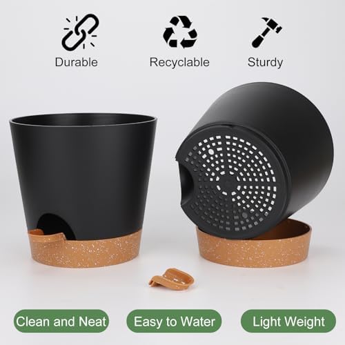 YNNICO 8-Inch Plant Pots, Self-Watering Planters with Drainage Holes & Saucers for Indoor and Outdoor Plants (2-Pack,Black) - Image 3