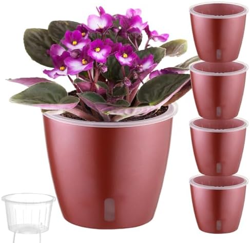 Self Watering Pots for Indoor Plants, 4-Pack 6.7'' Self Watering Planter with Drainage Holes, Small African Violet Pots with Water Indicator, Clear Wick Orchid Pot, Rose Gold by KvyusFlourish