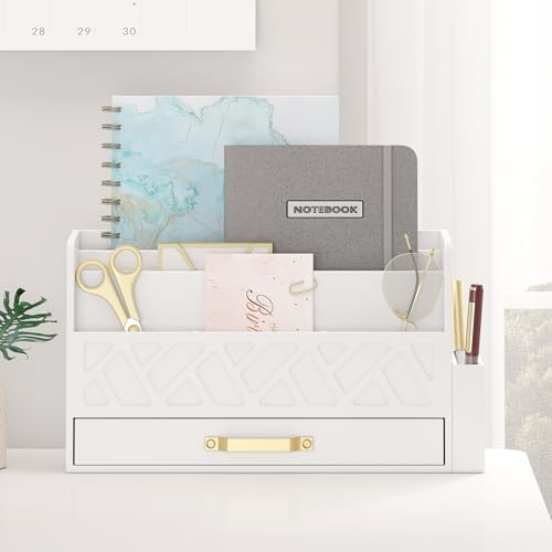 Wisuce Bamboo Mail Organizer Countertop with Drawer and Pen Holder, White by WisuceHome