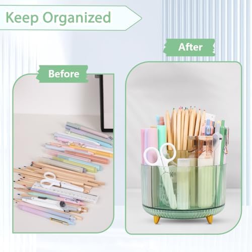 SKYDUE Rotating Pencil Pen Holder, Pen Organizer with 5 Slots - Aesthetic Desk Organizer and Accessories for School, Home, Office Supplies, Clear Green - Image 5