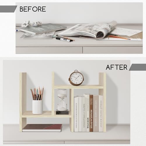Jerry & Maggie Desktop Organizer Office Storage Rack Adjustable Wood Display Shelf Free Style Double H, Multi-Functional Mini Bookshelf for Desk Natural Stand (White Wood Tone) - Image 3