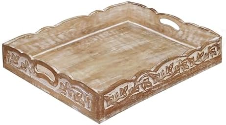 COTTON CRAFT Hand Carved Wooden Serving Tray - Breakfast Tray with Handles by COTTONCRAFT