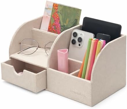 UnionBasic Desk Organizer - Multifunctional Leather Desktop Pen Holder Storage Box - Business Card/Pen/Pencil/Mobile Phone/Stationery Holder, Beige by UnionBasic