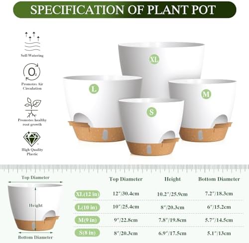 Plant Pots, 4 Pack 12/10/9/8 Inch Self Watering Pots with Drainage Holes, Water Level Indicator Deep Reservoir, Large Planters for Indoor Outdoor Plants - White Brown - Image 2