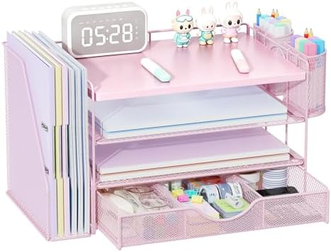 gianotter Wood Desk Organizers and Accessories with File Holder, 4-Tier Desk Accessories & Workspace Organizers with Drawer and 2 Pen Holder, Desk Reference Organizer (Pink, 4T with Metal Drawer) by gianotter