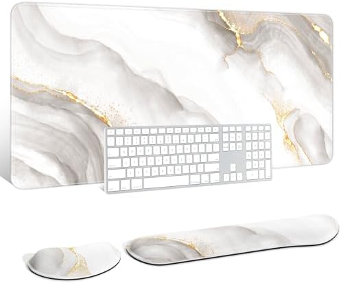 Auhoahsil Large Mouse Pad with Wrist Rests for Keyboard & Mouse, Thick Soft Ergonomic Memory Foam Wrist Supports, Big & Long Desk Mat 35.5 x 15.7 in, for Office Gaming Computer, White Gold Marble by Auhoahsil
