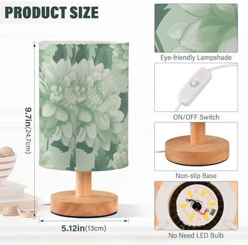 Fustylead Beautiful Light Green Dahlia Bedside Table Lamp for Bedroom, USB Powered Integrated LED Desk Lamp Night Light with Flaxen Fabric Shade for Bedroom Nursery Office Dorm - Image 3