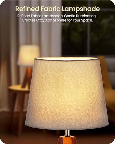 Tripod Table Lamp, 14.6" Small Bedside Lamp with Gray Linen Shade & Dark Wood Base, Modern Nightstand Lamp for Bedroom, Kids Room, Living Room, Nursery, Office, E26 Socket, LH51TL05 - Image 4
