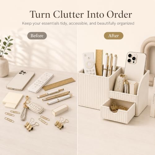 KINGFOM Luxury PU Leather Desk Organizer with Drawer, Modern Aesthetic Office Desk Accessories for Women, Multi-Compartment Pen Holder & Desktop Storage Organizer for Home Office, Cream White - Image 4