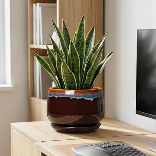 9 Inch Flower Pots - Ceramic Planter with Drainage Hole and Saucer, Decorative Ceramic Pots for Indoor Plants, Round Plant Pot, Garden Home Living Room Decor, Housewarming Gifts, Brown-Blue - Image 7