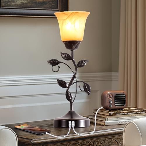 Set of 2 Touch Vintage Bedroom Leaf Table Lamps with 2 USB Ports - Image 2
