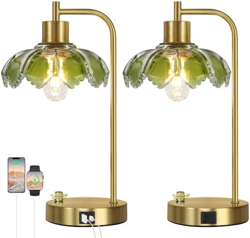 Glass Table Lamps Set of 2, Green Dimmable Bedside Lamps for Living Room - Image 2