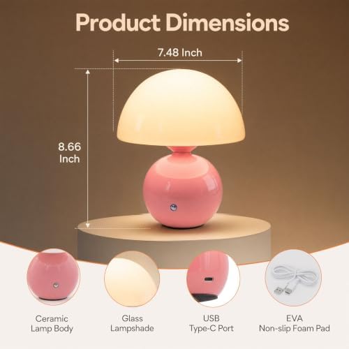 Senzoy Glass/Ceramic Mushroom Table Lamp, Pink Bedside Night Lamp - Image 4