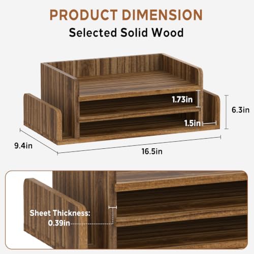 Wooden Desk Organizer, 3-Tier Paper Trays with 2 Mail Sorters, Dark Brown - Image 3