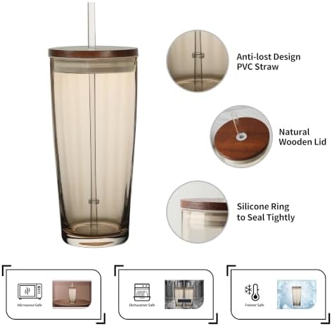 NIRA.Z Glass Tumbler with Lid and Straw 20oz, Ribbed Aesthetic Iced Coffee Glass Cup, Amber Drinking Glass with Wooden Lid, Reusable Straw Cup - Image 4