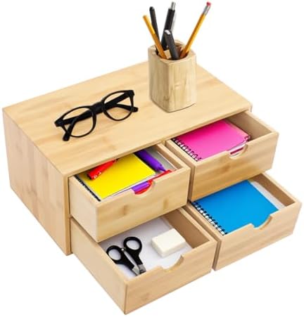 Bamboo Desk Organizer with Drawers, 4-Drawer Wooden Desk Organizer by KOLHGNSE