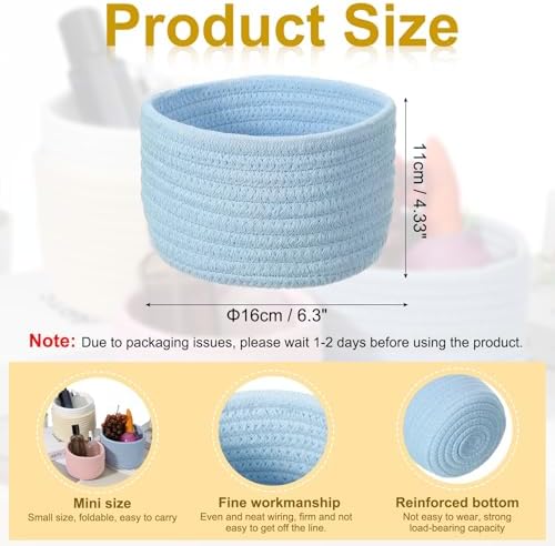 uxcell Blue Small Cotton Rope Woven Storage Basket, Shelf Closet Storage Gift Woven Baskets Cute Nursery Box Bin Decor Organization Bin for Home Supply, Round, 6.3x4.4 - Image 2