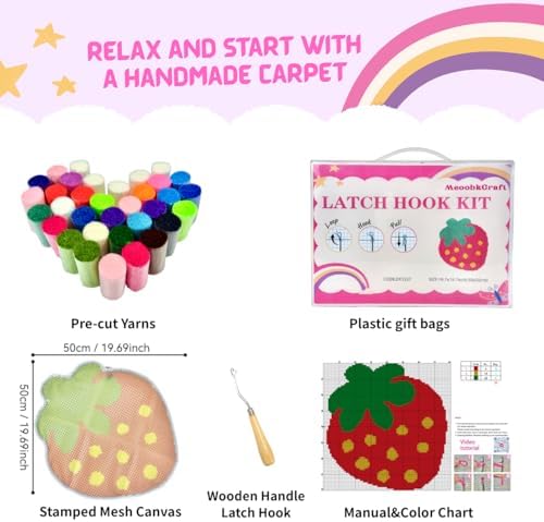 MeoobkCraft Flirty Strawberry for Latch Hook Kits for Adults Beginners Strawberry Pre-Printed Latch Hook Rug Kits Embroidery Cross-Stitch for Home Home Decoration 19.7 x 19.7in - Image 4