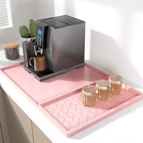Rnivvi Silicone Coffee Mat, 16" x 24" Waterproof Raised Edge Coffee Bar Mats for Espresso Machine Station Accessories, Heat Resistant Detachable Dish Drying Pad for Kitchen Counter, Dish Rack, Pink by Rnivvi