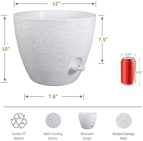 UOUZ 12inch 2Pack Large Self Watering Planters, Plastic Plant Pots with 60oZ Removable Deep Reservoir and Multi Mesh Drainage Holes for Indoor Outdoor Garden Plants and Flowers, White Speckles - Image 2