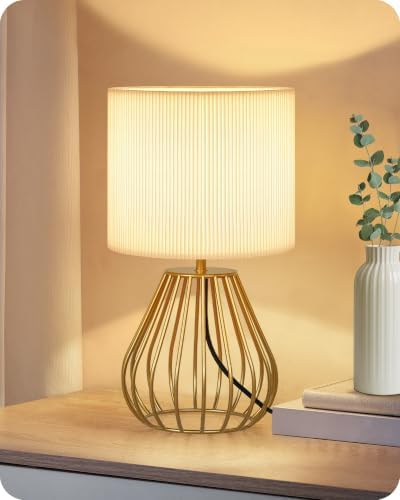 Gold Table Lamp with Pleated Lampshade, 12.6" Small Bedside Lamp by GOEBLESON