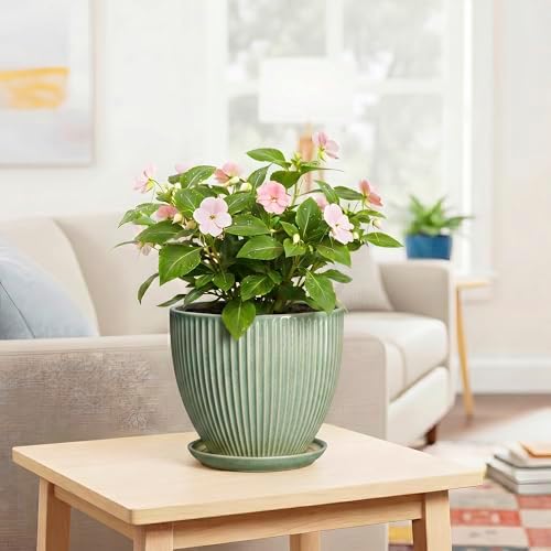 8 Inch Planter, Ceramic Plant Pots with Drainage Hole and Saucer, Decorative Pots for Plants Indoor, Ceramic Flower Pots, Round Modern Planter, Living Room Decor, House Warming Gifts, Green - Image 6