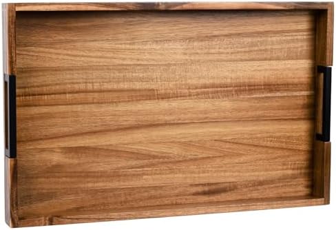 Large Ottoman Tray for Living Room and Coffee Table, Decorative Acacia Wood Serving Tray with Metal Handles for Breakfast in Bed, Dinner Food Kitchen TV (Natural, 24" x 15" x 2") by JoyGrace
