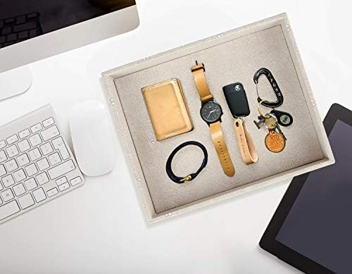 HofferRuffer Elegant Desktop Organizer, Vanity Tray, Bathroom Storage Tray Holder, Dresser Jewelry Tray, Change Coin Key Watch Catchall Tray, 10.2 x 8.4 x 1.8 inches (Light Grey Faux Leather Shagreen) - Image 5