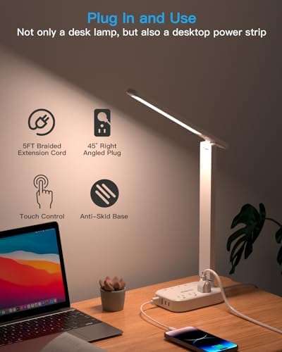 One Beat Small LED Desk Lamp Power Strip 5ft Extension Cord with 3 Outlets 4 USB Ports(2 USB C), 4 Modes, 5 Level Touch Lamp Study Reading Light, Home Office Bedroom College Dorm Room Essentials,White - Image 4